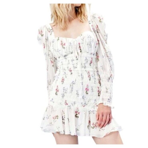 Nasty Gal Dresses & Skirts - Nasty Gal White Floral Bodycon Smocked Ruffle Cottegecore Fairy Dress Size 4